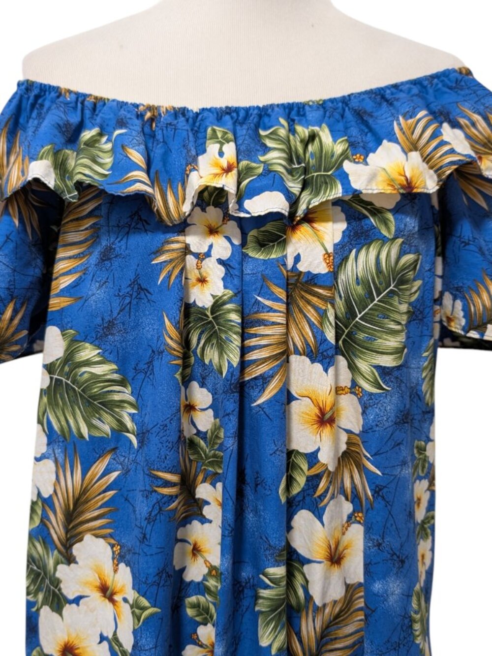 Ky's Hawaii Womens Sz L Blue Tropical Hibiscus Ruffle Off Shoulder Muumuu Dress - Picture 4 of 8